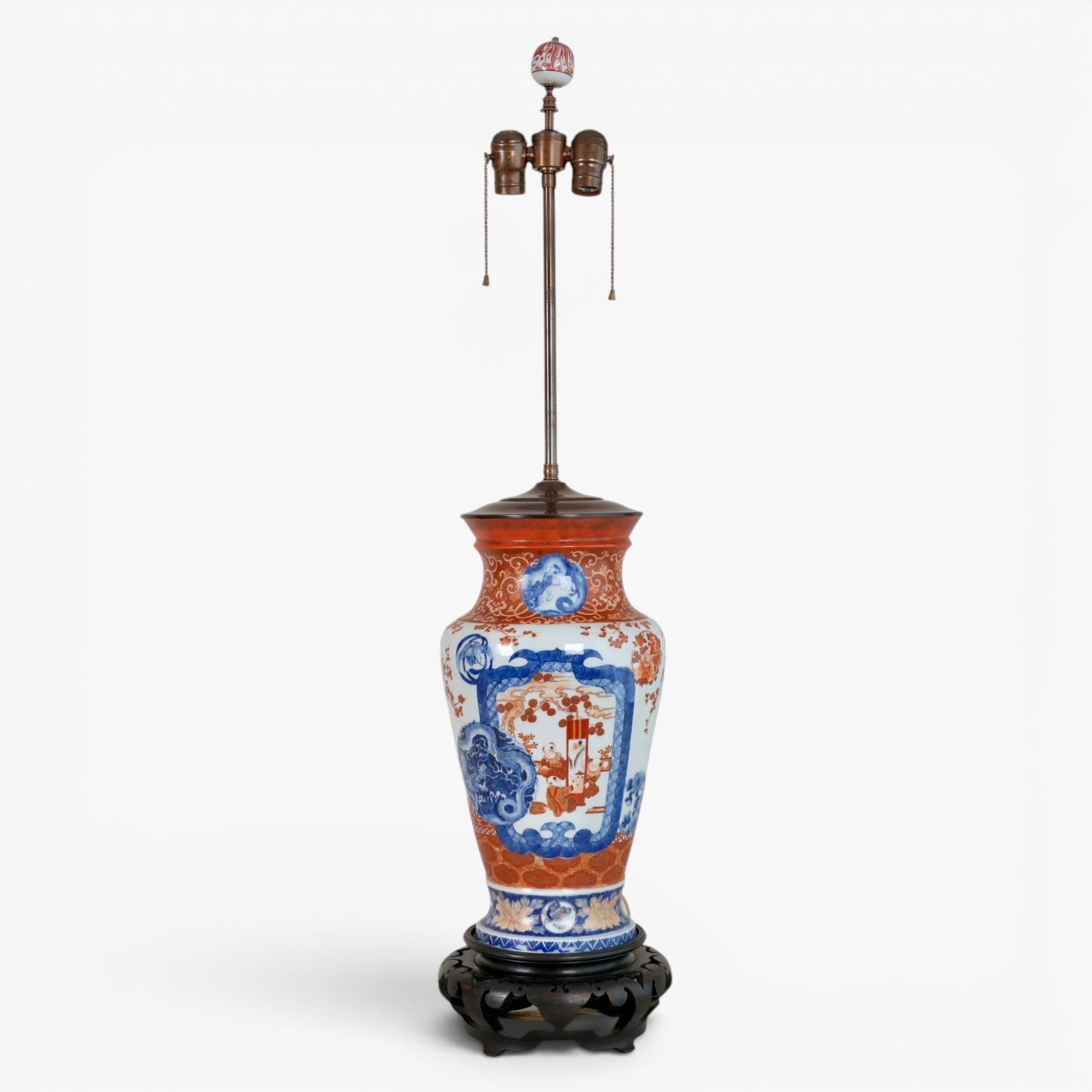 Japanese Vase mounted as a lamp: 20th century, landscape scenes within cartouches on a patterned, diaper and foliate roundel ground The collection of Frank and Irene Giuffrida, owners of the famous Hilltop Steakhouse, Saugus, MA