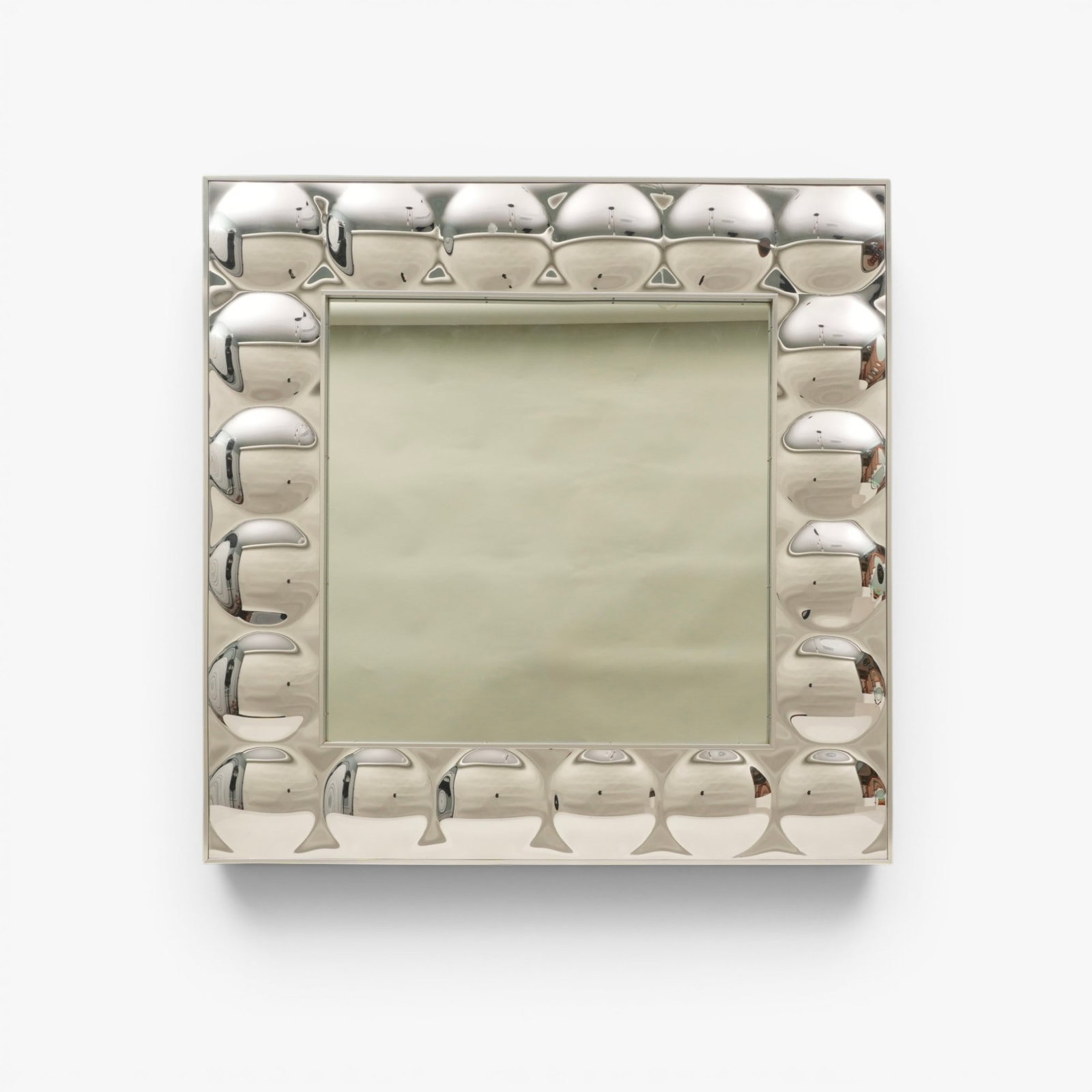 Vinatge Turner Molded Bubble Mirror, Circa 1970's: Mid-century Turner large bubble mirror, chrome metal frame, cast metallic resin bubble design surrounds center mirror, marked with Turner label on reverse, can be hung on a diagonal. Pop Art, modern d
