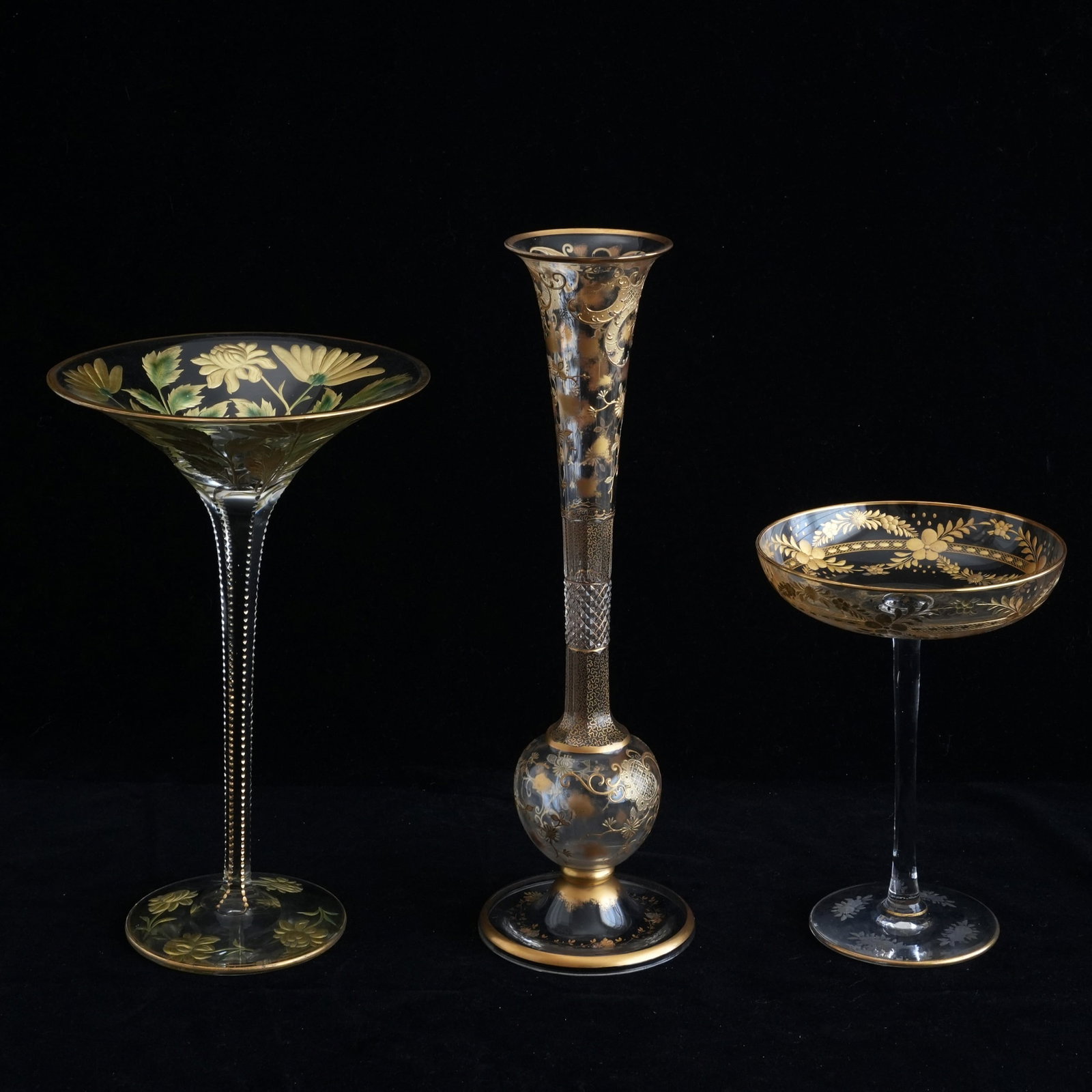 Two Bohemian Moser Style Glass Compotes and One Glass Vase: All three with gold overlay The collection of Frank and Irene Giuffrida, owners of the famous Hilltop Steakhouse, Saugus, MA