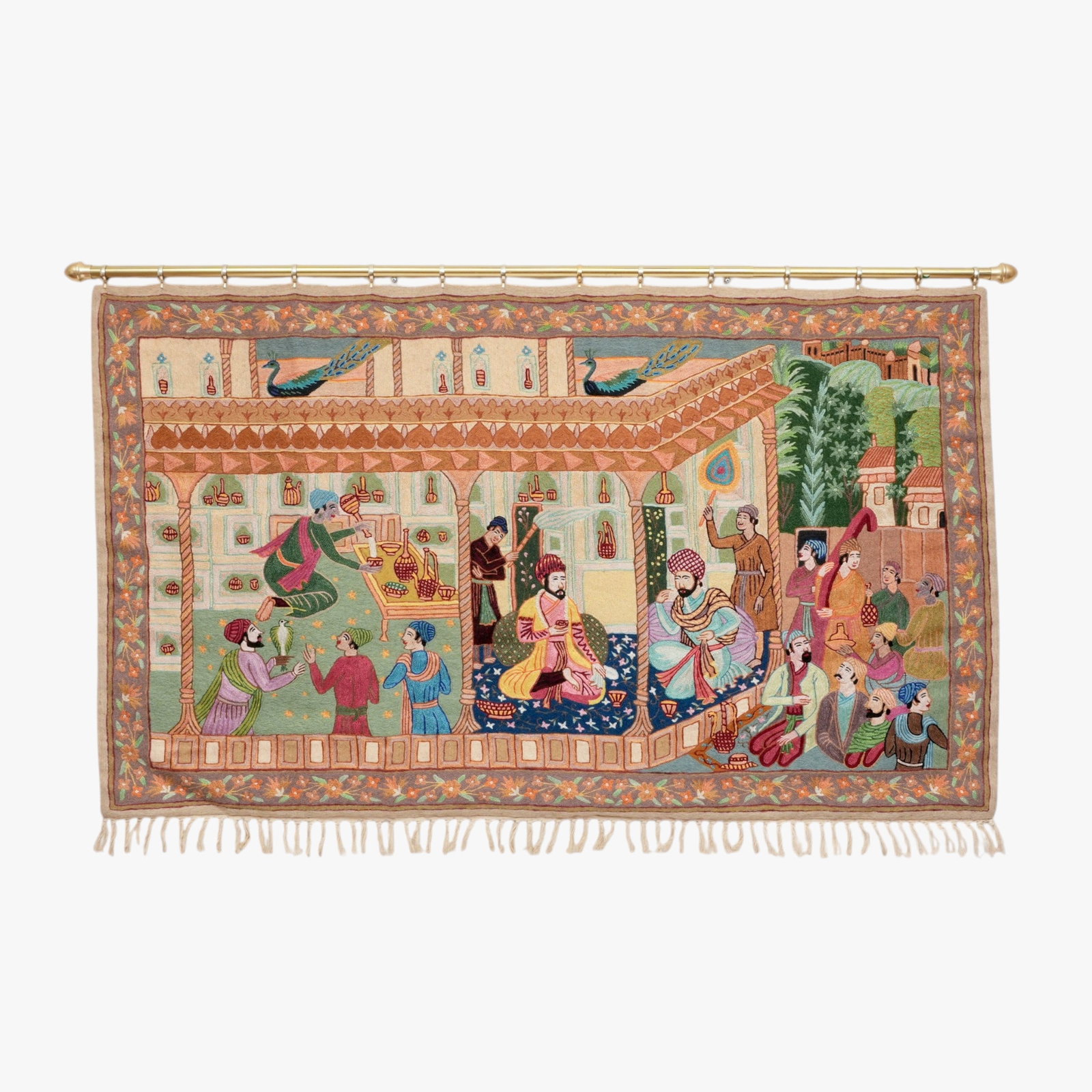 Silk Tapestry with Persian Genre Scene: Of rectangular form showing multiple male figures in an interior and on a veranda, with brass hanging rod The collection of Frank and Irene Giuffrida, owners of the famous Hilltop Steakhouse, Saugus, 