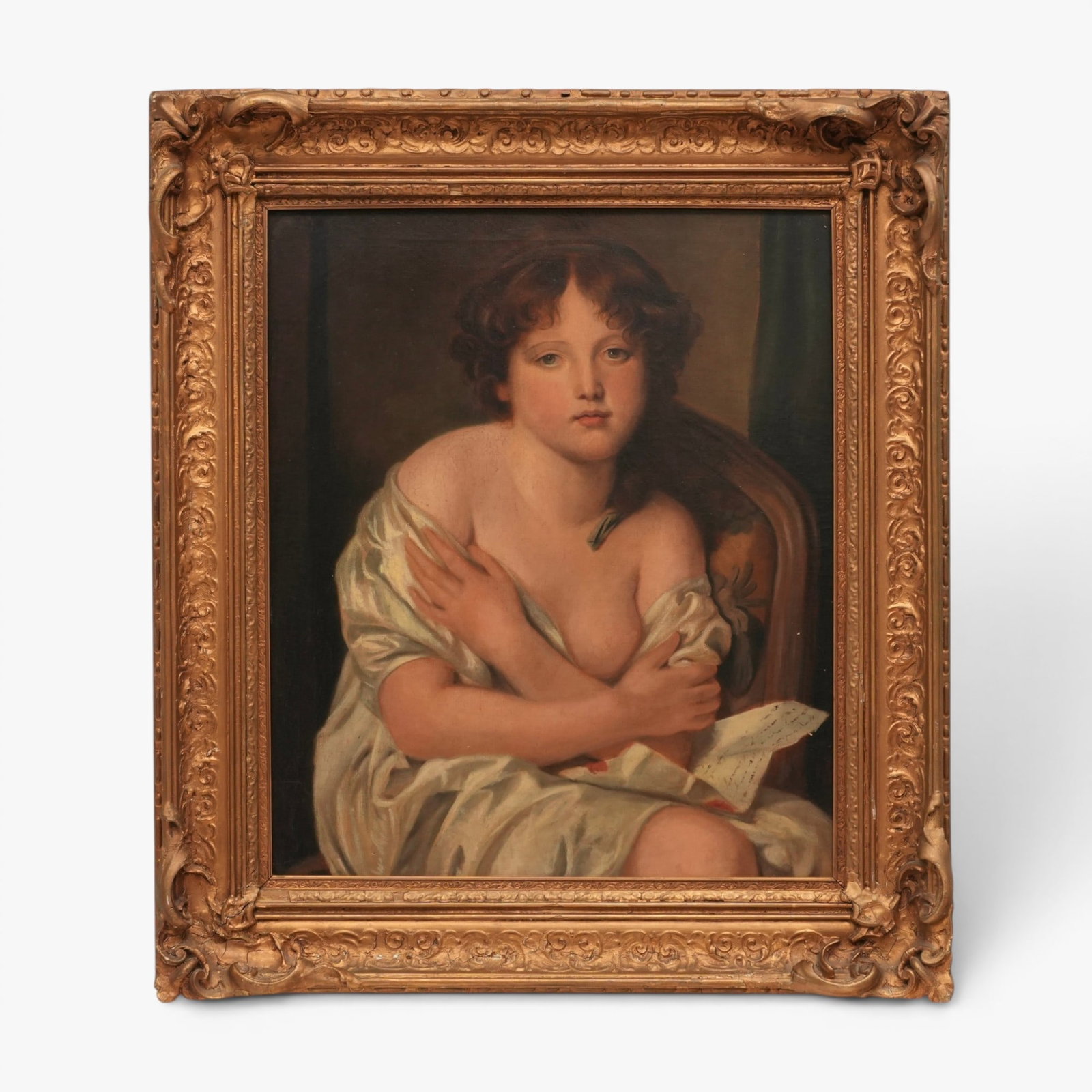 Portrait of a Young Woman, In the Style of Jean-Baptiste Greuze: Seated with arms crossed dressed in a loose white robe, a letter below one elbow, unsigned, oil on canvas, gilt wood frame The collection of Frank and Irene Giuffrida, owners of the famous Hilltop