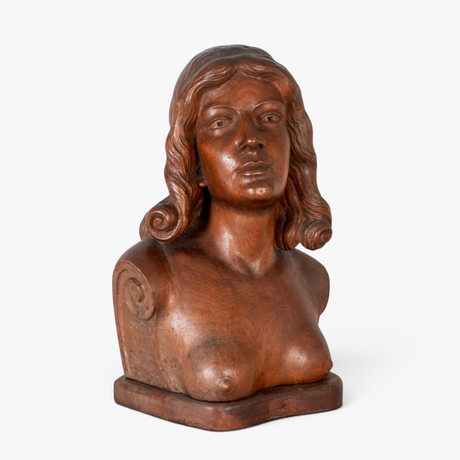 Carved Wood Nude Female Bust: Posed looking slightly to the right, the thick hair flowing over the shoulders The collection of Frank and Irene Giuffrida, owners of the famous Hilltop Steakhouse, Saugus, MA