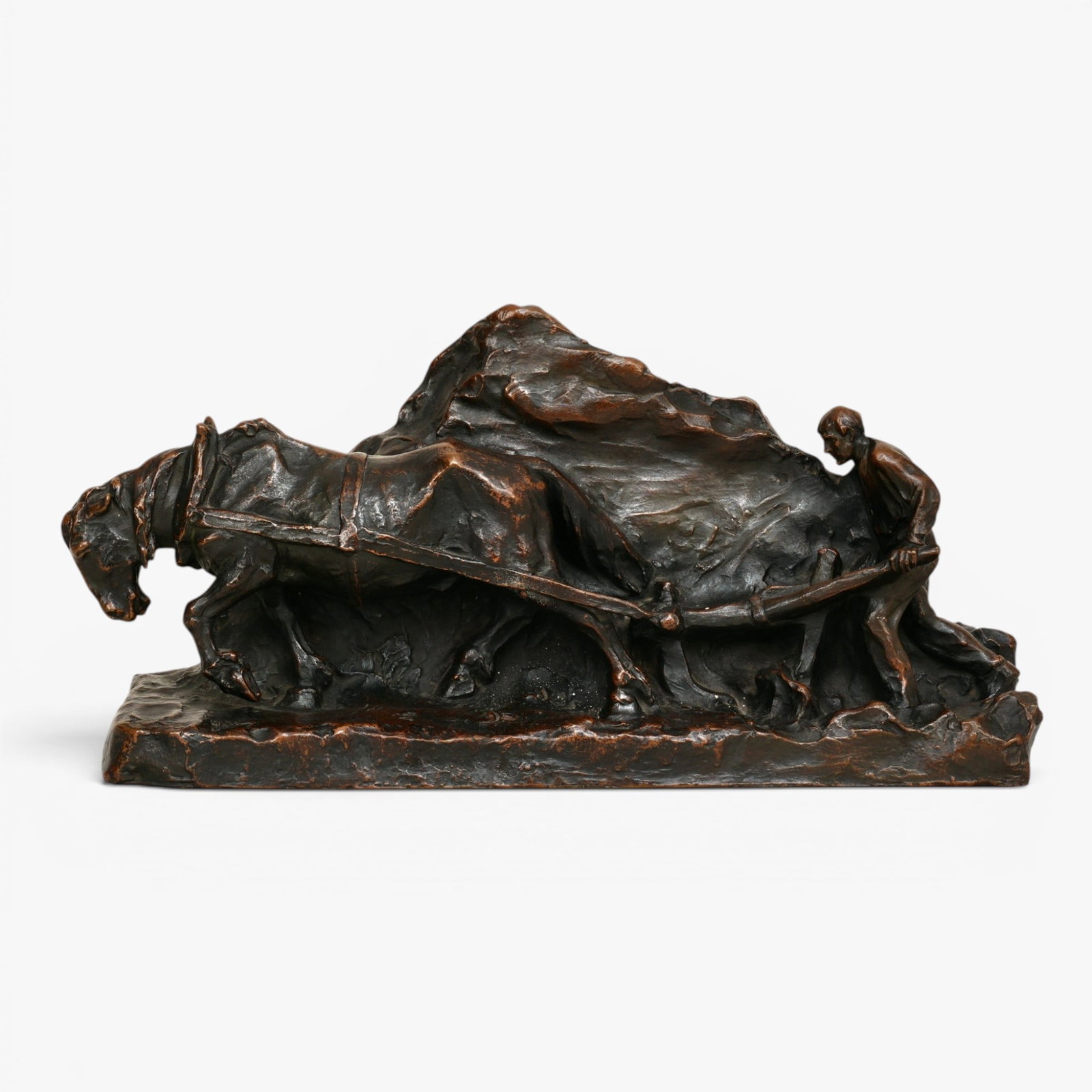 Bronze sculpture of a Farmer Driving a Plow Horse: Hans Muller, Austrian (1873-1937), patinated bronze of a farmer guiding a wooden plough behind a horse before a hillside, incised signature H. Muller The collection of Frank and Irene Giuffrida,