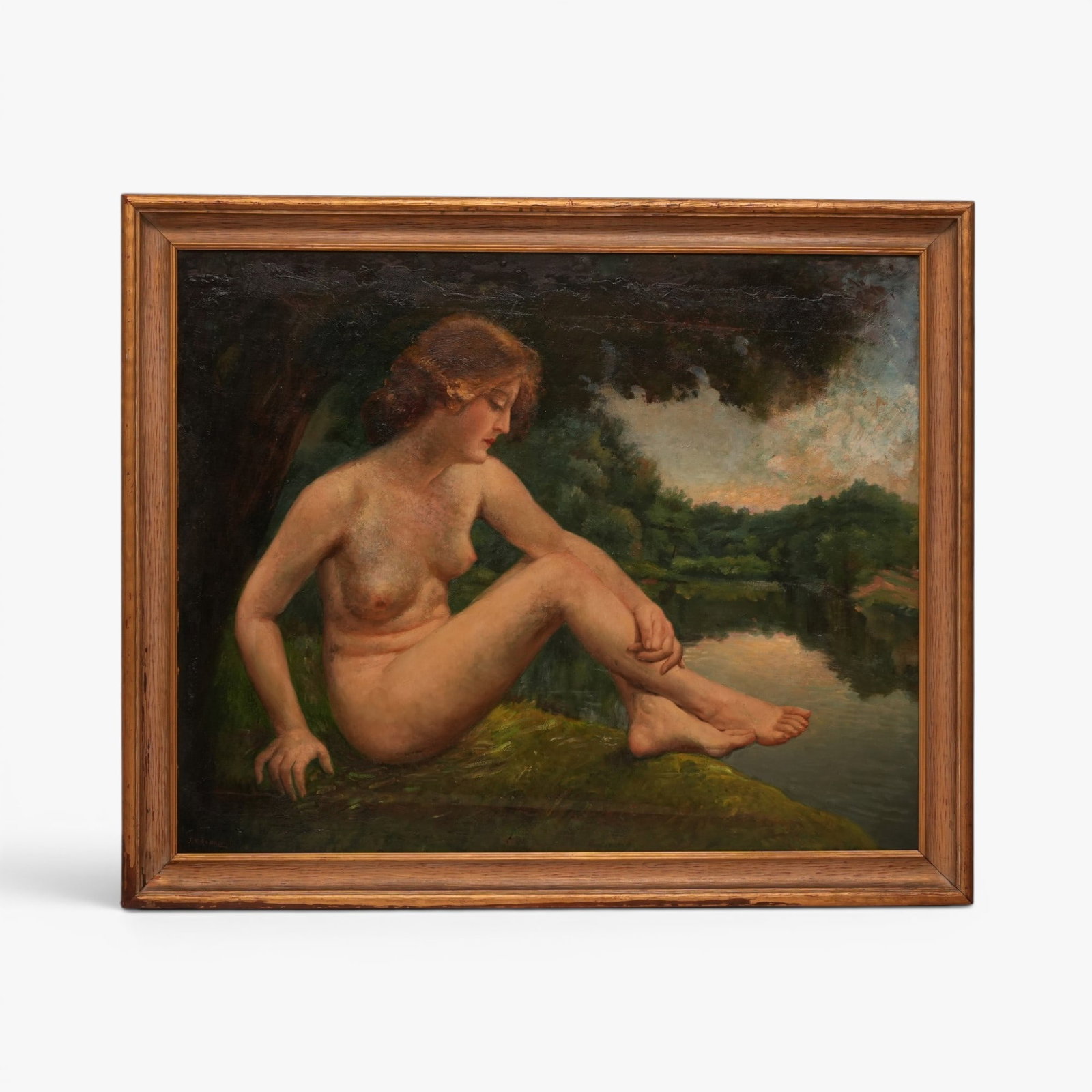 Nude Seated in a Landscape, J.M. Robinson: Oil on canvas backed on board, signed lower left J. M. Robinson, framed The collection of Frank and Irene Giuffrida, owners of the famous Hilltop Steakhouse, Saugus, MA