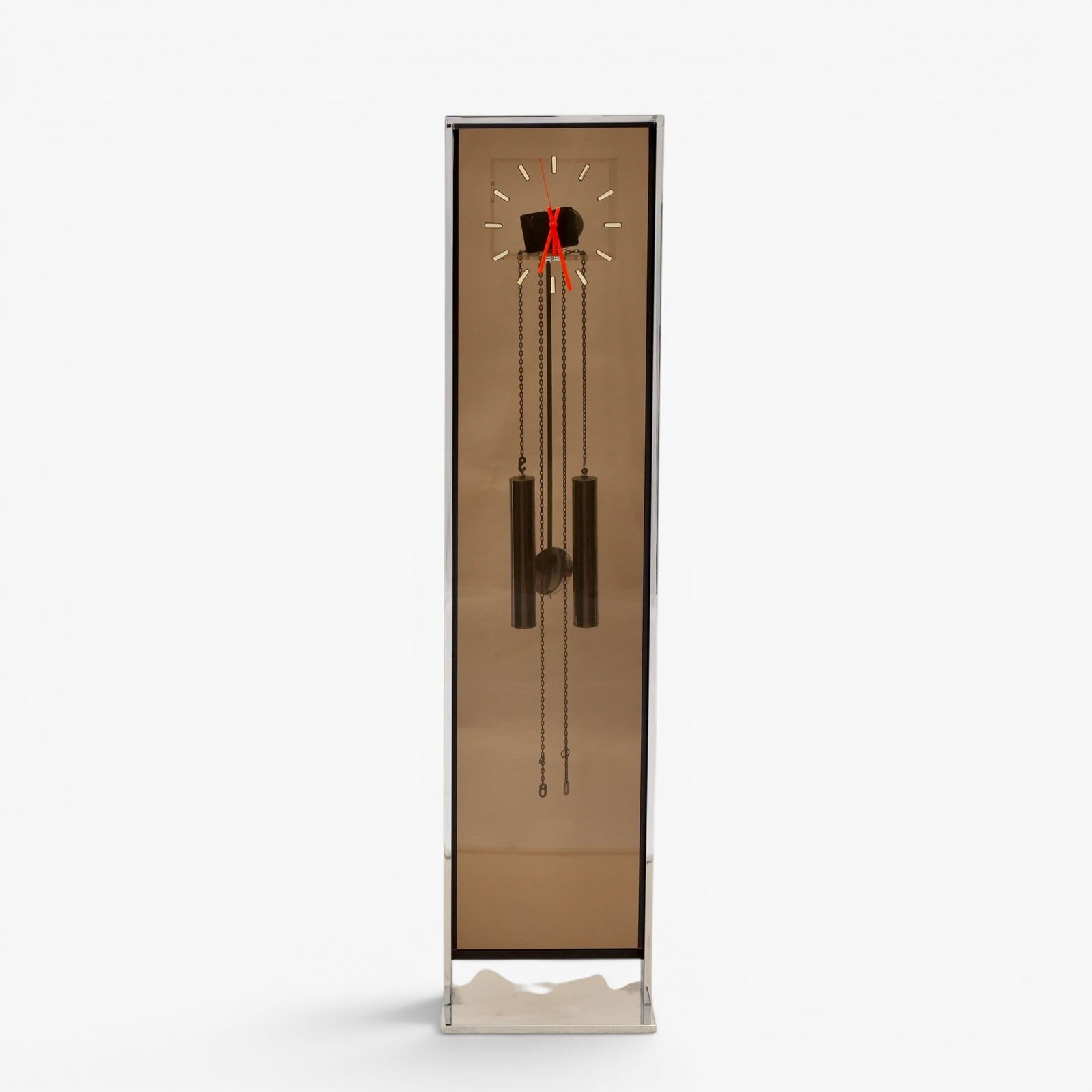 George Nelson for Howard Miller Echo lll Floor Clock, Circa 1970: Chrome, lucite, acrylic, metal, red metal clock hands, Howard Miller label under clock face The collection of Frank and Irene Giuffrida, owners of the famous Hilltop Steakhouse, Saugus, MA