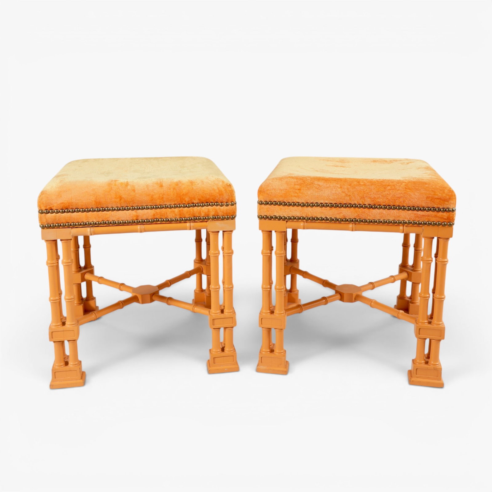 Pair of Chinese Chippendale Style Faux Bamboo Stools, Circa 1970's: Of square shape, painted in a soft orange color, upholstered cushions The collection of Frank and Irene Giuffrida, owners of the famous Hilltop Steakhouse, Saugus, MA