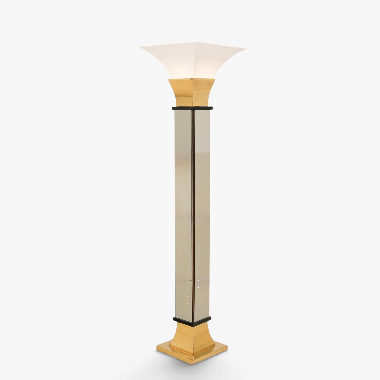 Fredrick Raymond Style Hollywood Regency Torchier Floor Lamp: Mid 20th century, vintage brass and smoked mirrored glass floor lamp, multiple light setting The collection of Frank and Irene Giuffrida, owners of the famous Hilltop Steakhouse, Saugus, MA