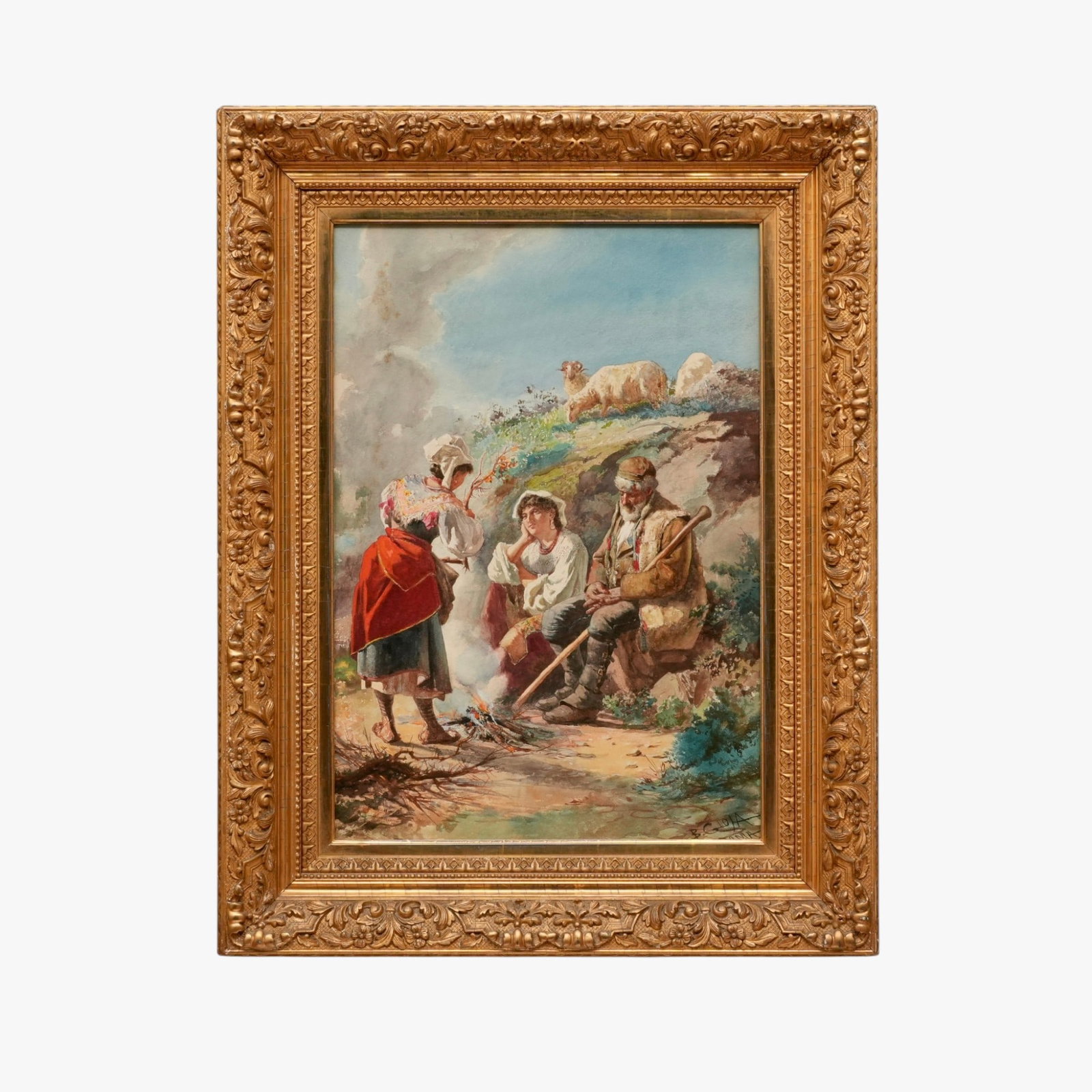 Italian Genre Scene, A Shepard and Two Women in a Landscape: Italian, Seated in a rocky landscape with sheep in the background, signed lower right B. Gioja, Roma, watercolor on paper, gilt wood frame The collection of Frank and Irene Giuffrida, owners of the