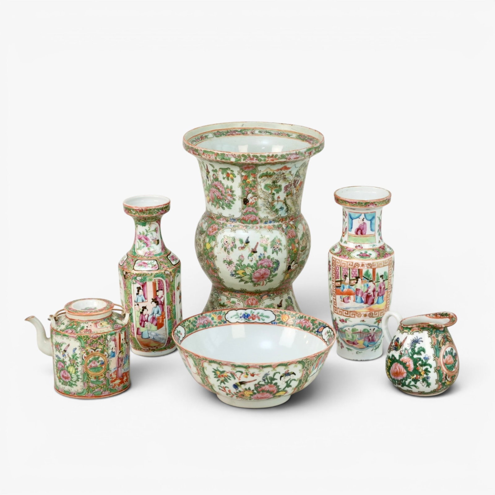 Group of Six Chinese Rose Medallion porcelain Items: 19th/20th century, a large vase of gu form, two small shouldered vases, lidded teapot, bowl and creamer The collection of Frank and Irene Giuffrida, owners of the famous Hilltop Steakhouse, Saugus, MA