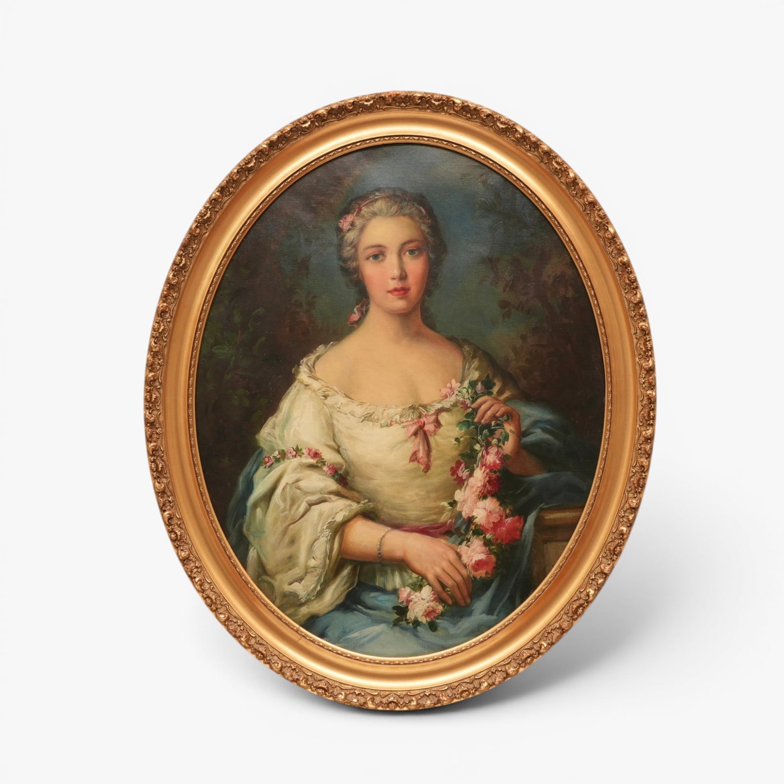 French School, Portrait of a Young Woman in Elegant Dress: Rococo style, oil on canvas, pictured holding a garland of flowers, unsigned, set in an oval gilt wood frame The collection of Frank and Irene Giuffrida, owners of the famous Hilltop Steakhouse, Saugu
