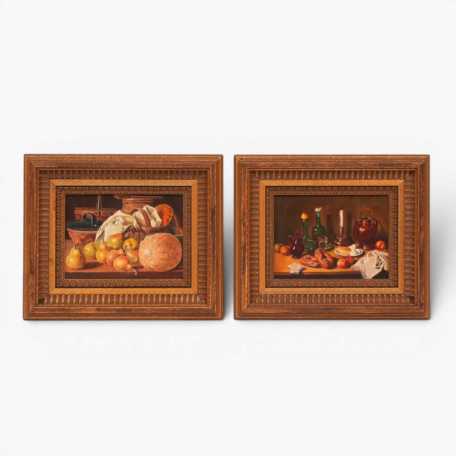 Two Paintings, Still Life: 20th century, oil on board, items on tables, one signed T.E. framed The collection of Frank and Irene Giuffrida, owners of the famous Hilltop Steakhouse, Saugus, MA