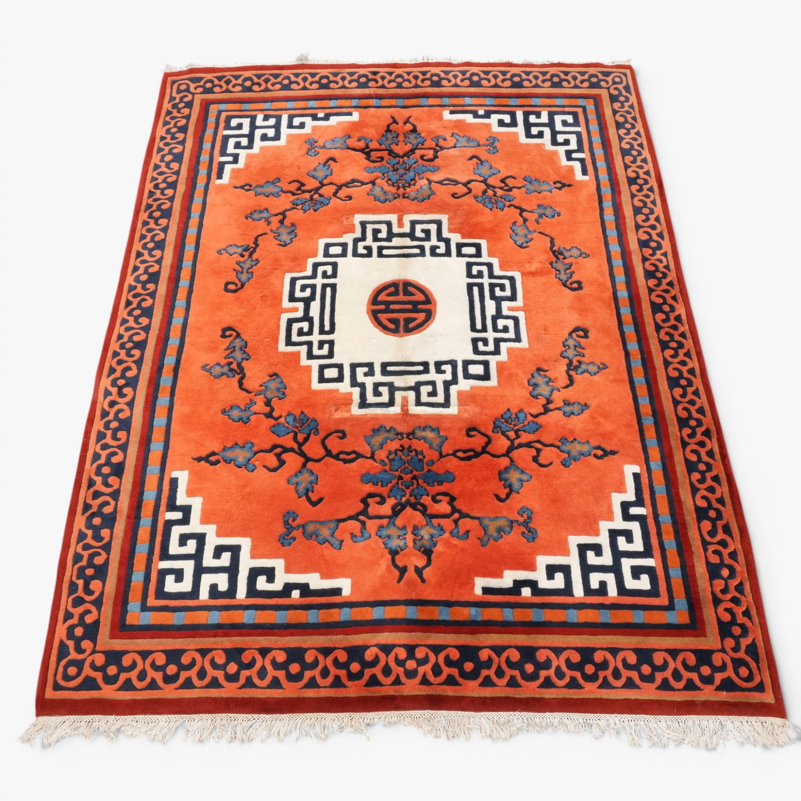 Large Chinese Style Modern Carpet: With squared scrolling and stylized foliate pattern, dark blue, beige and white on a rust field The collection of Frank and Irene Giuffrida, owners of the famous Hilltop Steakhouse, Saugus, MA