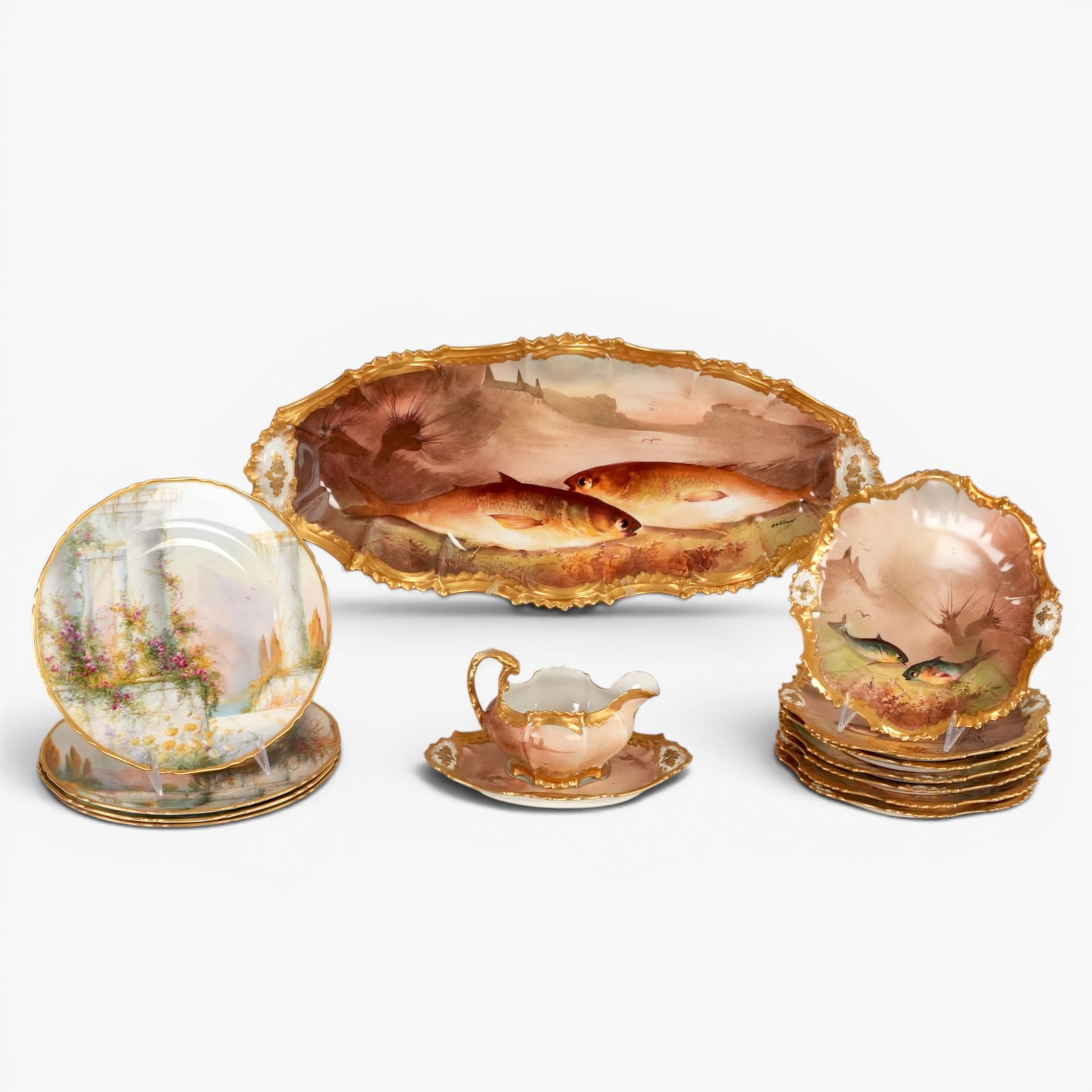 Nine Limoges Hand painted Fish Design Dishes, together with Four Hand painted "Italian Gardens" (1 of 7)