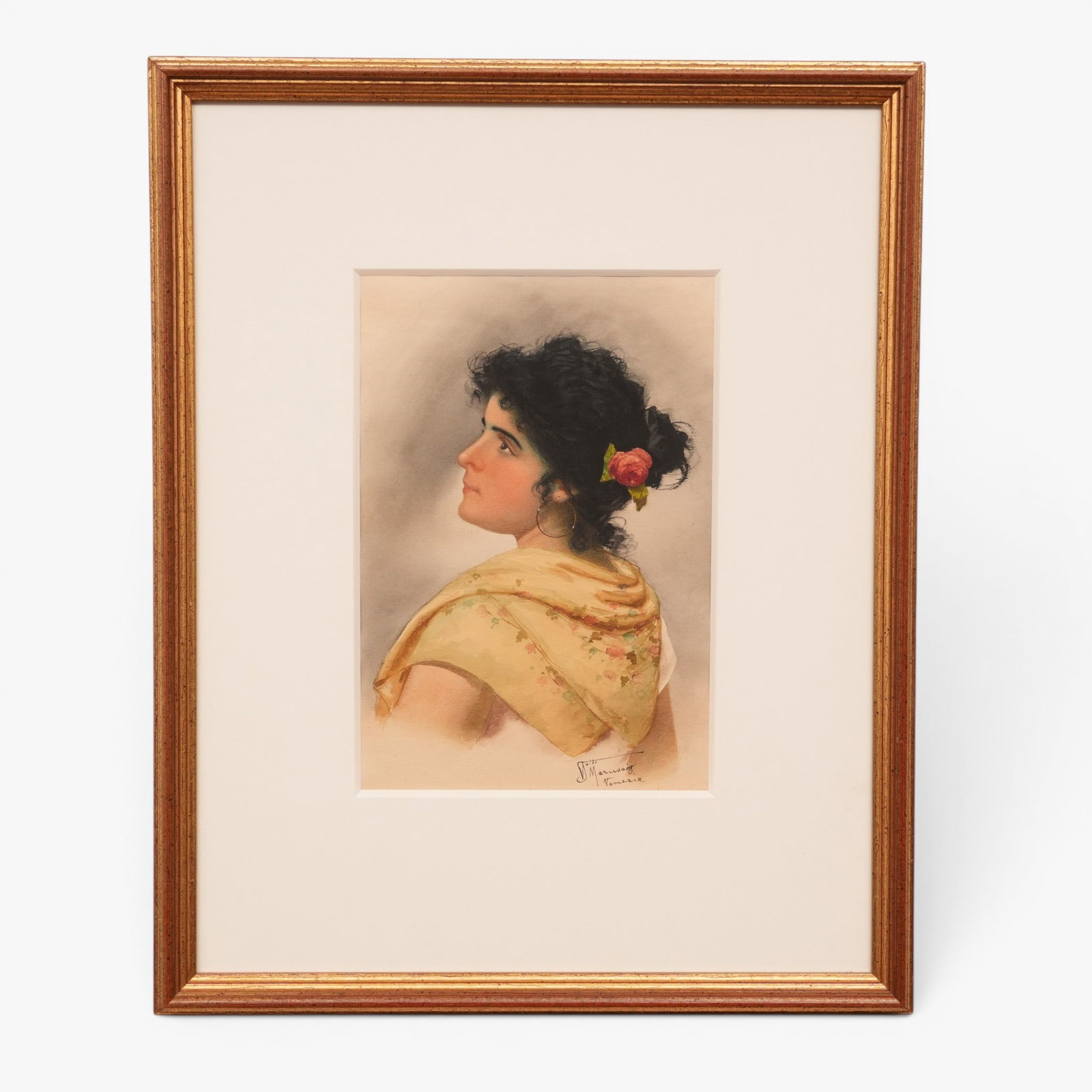 Italian Watercolor of a Woman with a Rose in Her Hair, Guido Marussig (1885-1972) (1 of 4)