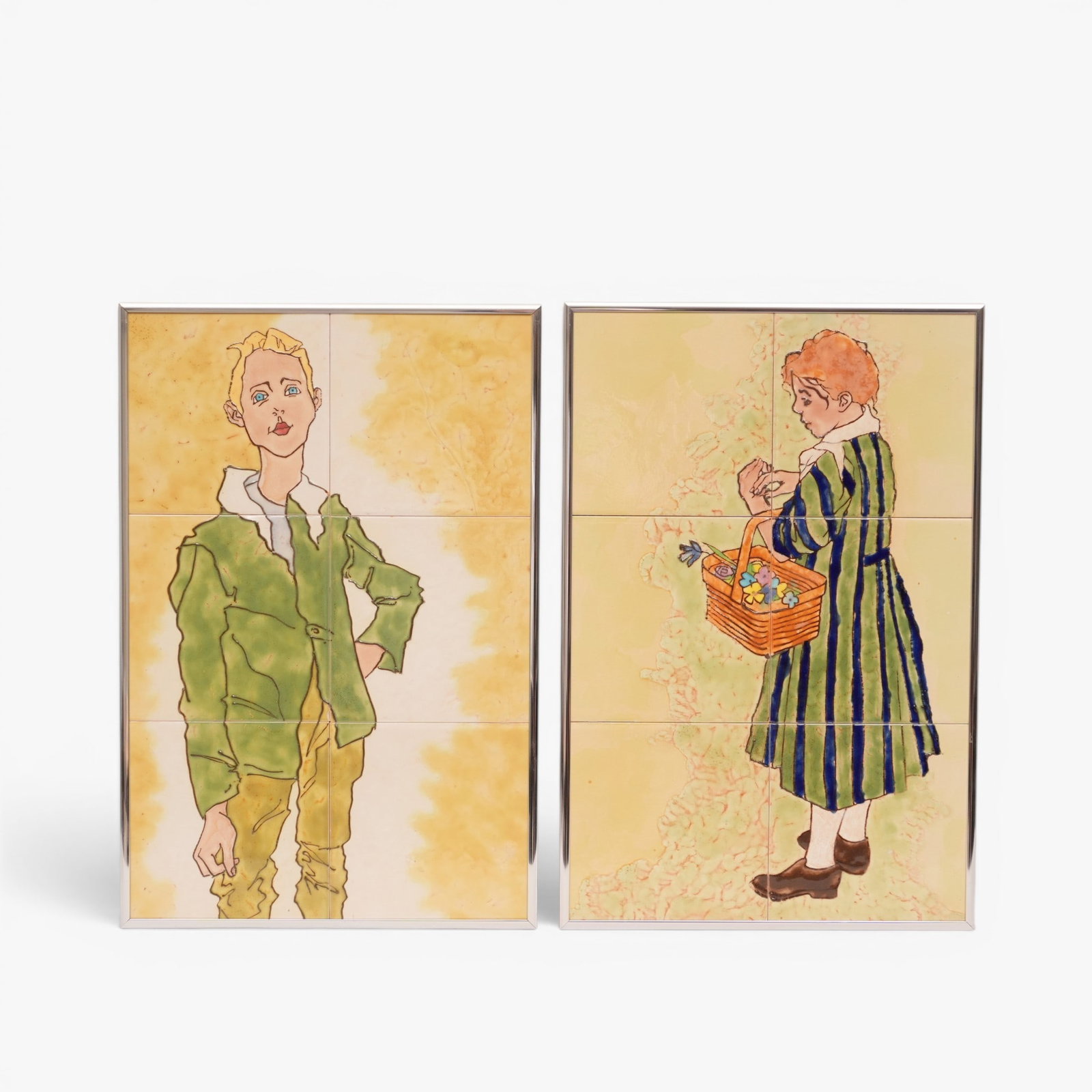 Two Italian Paintings on Tile: Six tiles to each painting, one of a man in a green blazer and one of a woman in a striped dress, framed The collection of Frank and Irene Giuffrida, owners of the famous Hilltop Steakhouse, Saugus,