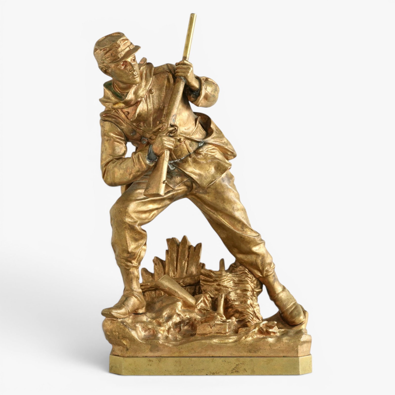 French Gilt Bronze Statue, "Sur Le Front", signed Aritside Croisy: A Soldier likely from World War I, signed A. Croisy on base The collection of Frank and Irene Giuffrida, owners of the famous Hilltop Steakhouse, Saugus, MA