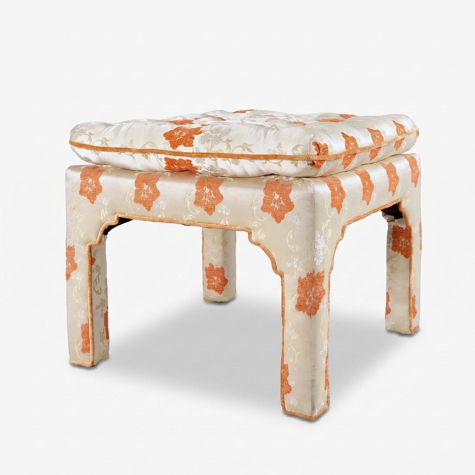 Chinoiserie Style Parsons Upholstered Ottoman: Mid 20th century, tufted pillow top, with welted trim in floral satin and velvet floral upholstery The collection of Frank and Irene Giuffrida, owners of the famous Hilltop Steakhouse, Saugus, MA
