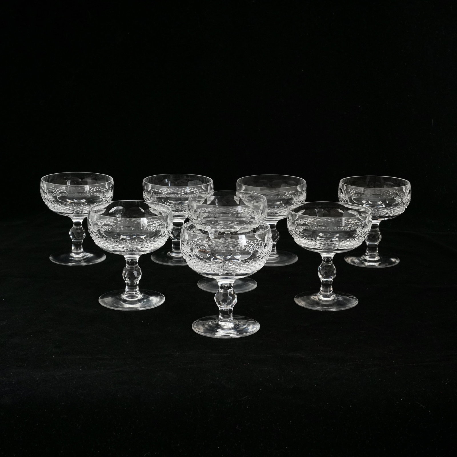 Set of Eight Waterford Cut Crystal 'Colleen' Pattern Champagne Coupes: Some with Waterford mark on the underside The collection of Frank and Irene Giuffrida, owners of the famous Hilltop Steakhouse, Saugus, MA