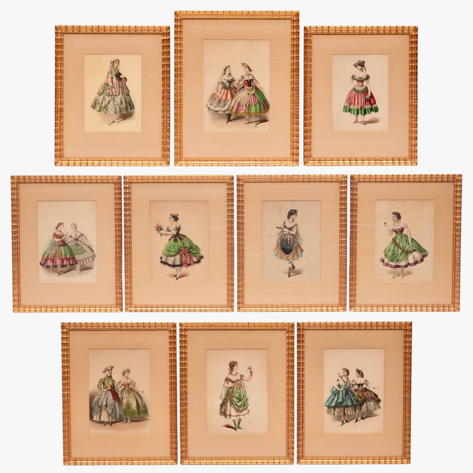Group of Ten Lithographs of 19th century Women's Fashion: Each depicting women in fashionable, colorful dresses, framed The collection of Frank and Irene Giuffrida, owners of the famous Hilltop Steakhouse, Saugus, MA