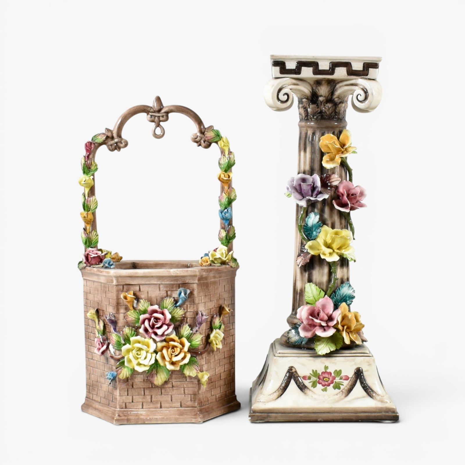 Two Italian Capodimonte Porcelain Items: 20th century, a pedestal adorned with delicate multi-color flowers and painted garlands and a hexagonal wishing well form below a shaped arch, set with a multitude of blossoming flowers, both with