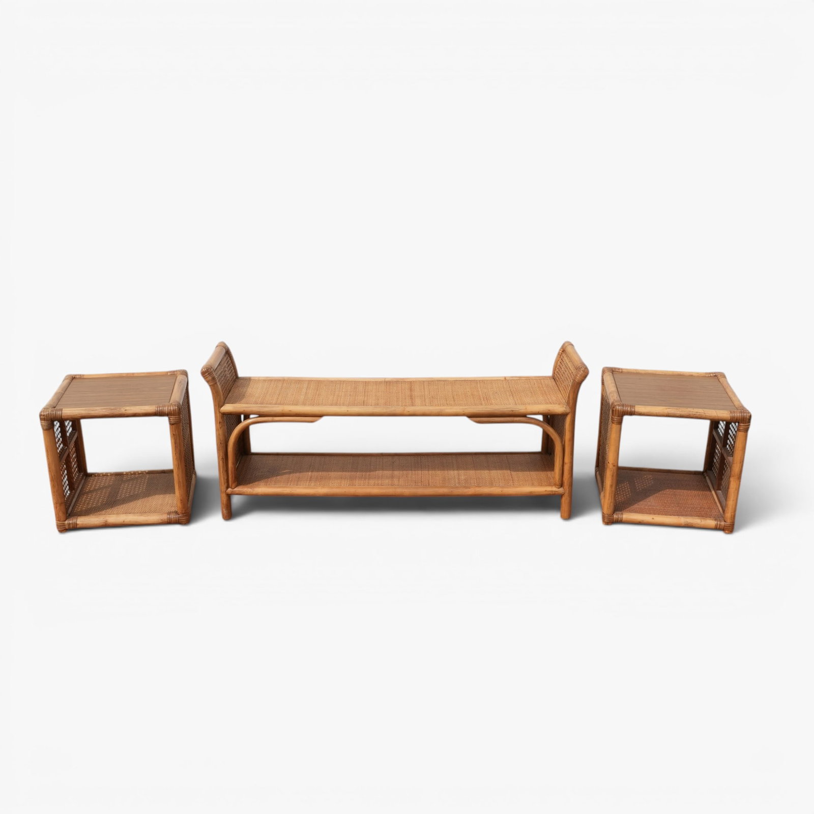 Vintage Bamboo and Rattan Long Bench and Two Small Side Tables: Mid century, two tables measure approx.: 18" square The collection of Frank and Irene Giuffrida, owners of the famous Hilltop Steakhouse, Saugus, MA