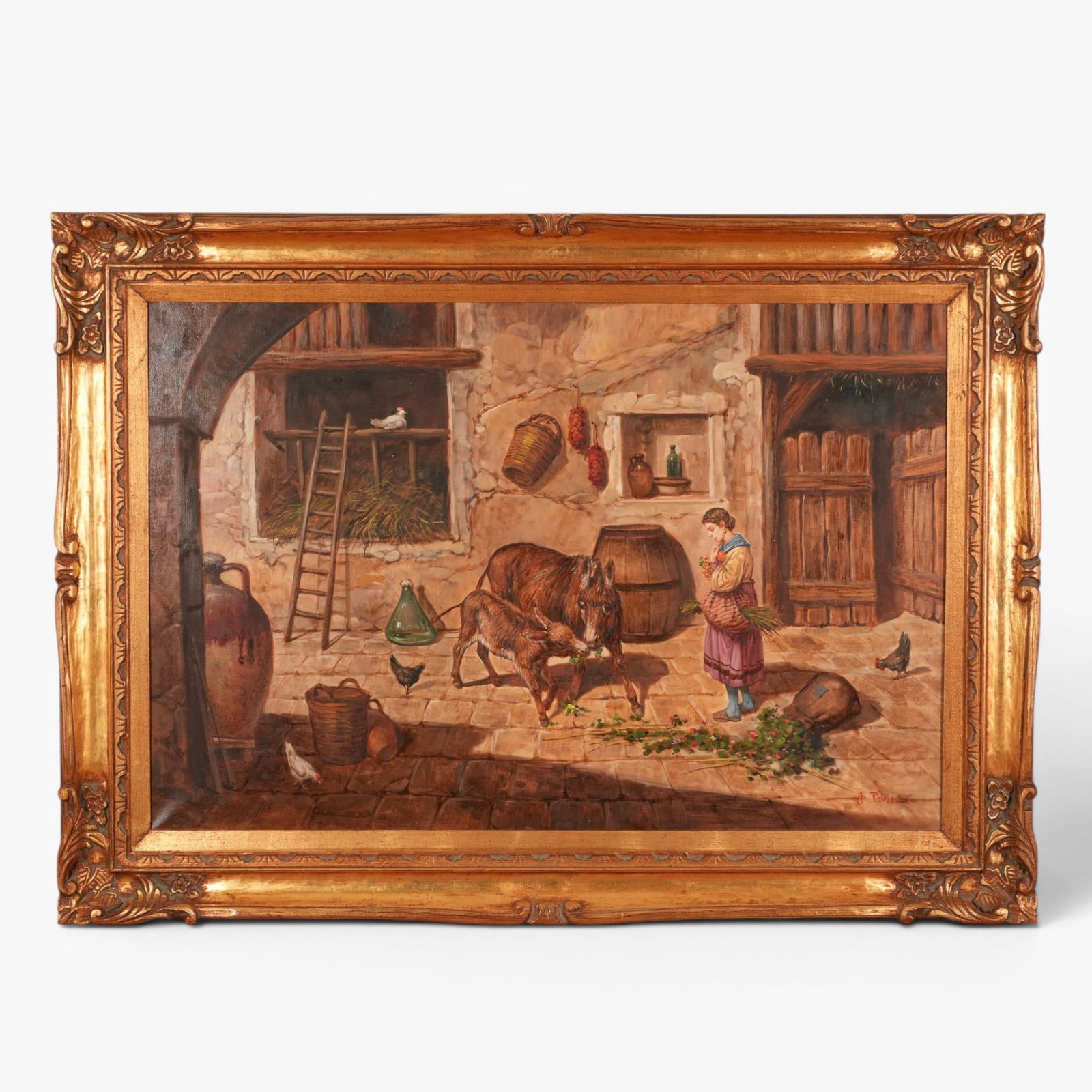 Italian School, Genre Scene: 20th century, oil on canvas, girl in a courtyard with donkeys, signed lower right A. Patuzzi, in giltwood frame The collection of Frank and Irene Giuffrida, owners of the famous Hilltop Steakhouse,
