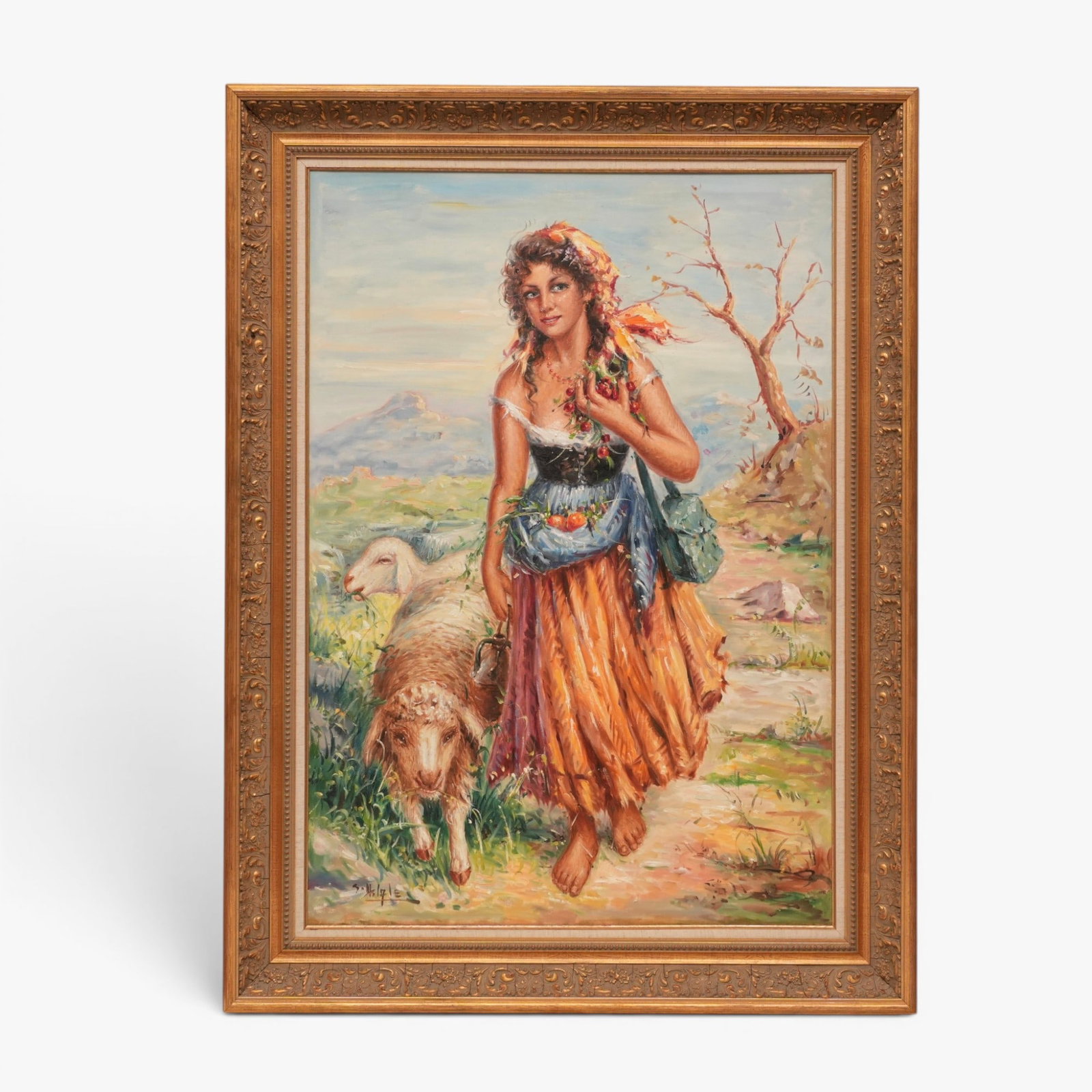 Italian Painting of a Shepardess: Walking in the countryside, her sheep by her side, dressed in peasant clothing with a head scarf and bare foot, indistinctly signed lower left The collection of Frank and Irene Giuffrida, owners of th