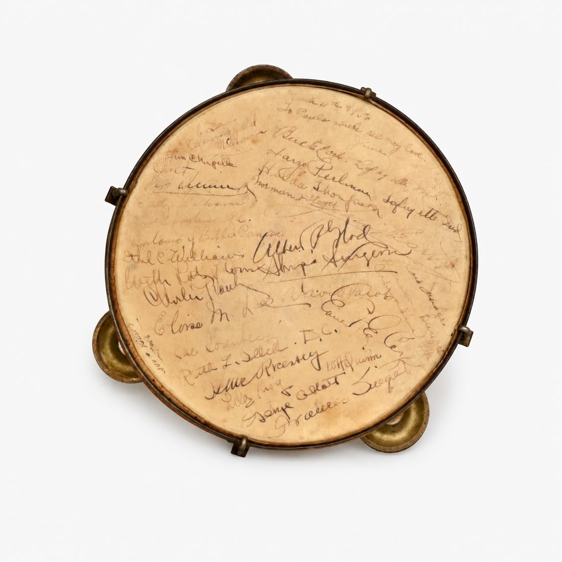 Signed Tambourine: Probably Brazilian, signed with multiple signatures, with a paper label reading Silberio, 137, Amador Bueno-Fone 2-4523-Santos The collection of Frank and Irene Giuffrida, owners of the famous