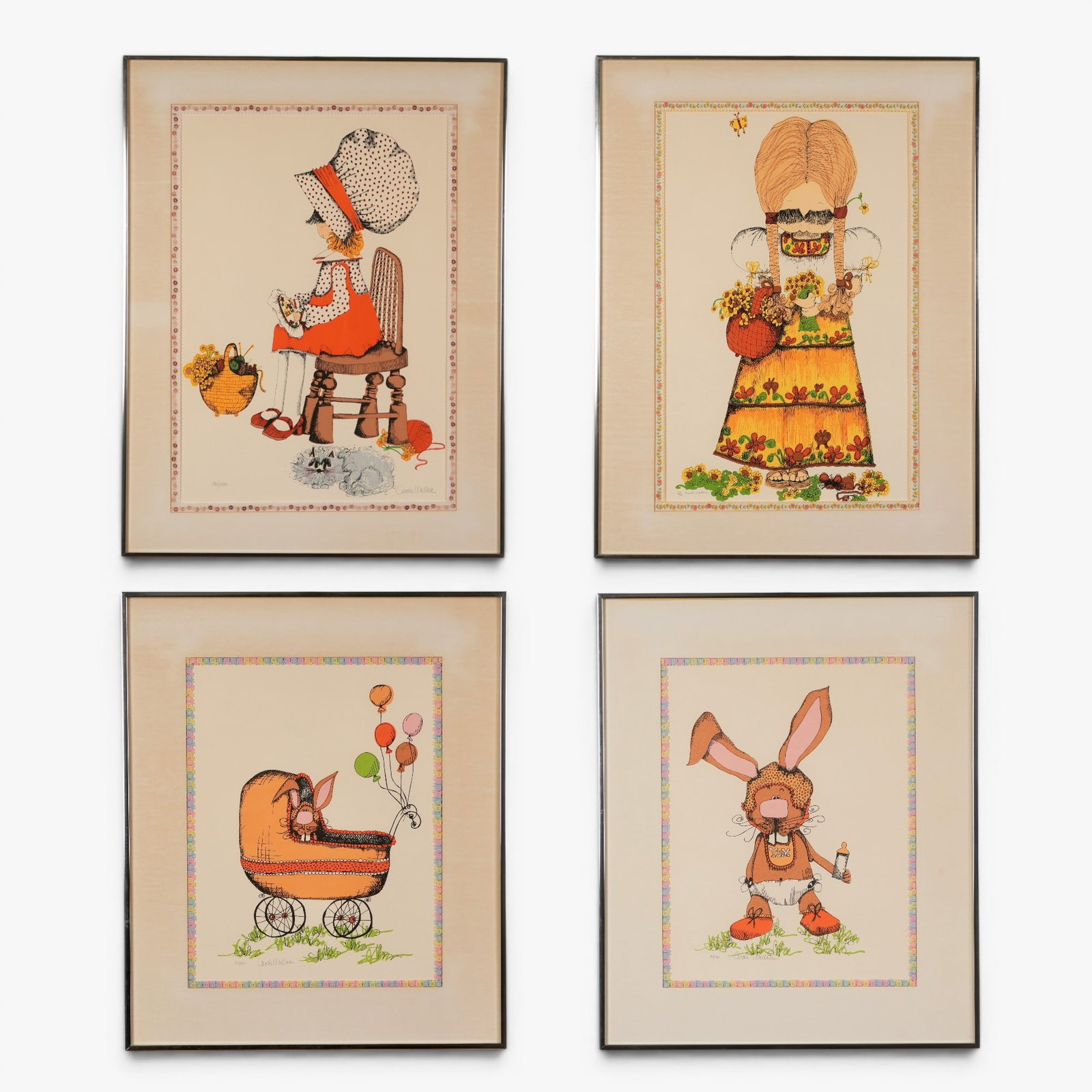 Group of Four Carole Wallace Children's Prints: 20th century, comprising: Rabbit with bottle, pencil signed Carole Wallace 47/500; rabbit in baby carriage, pencil signed Carole Wallace 56/500; girl, pencil signed Carole Wallace 60/500; Girl