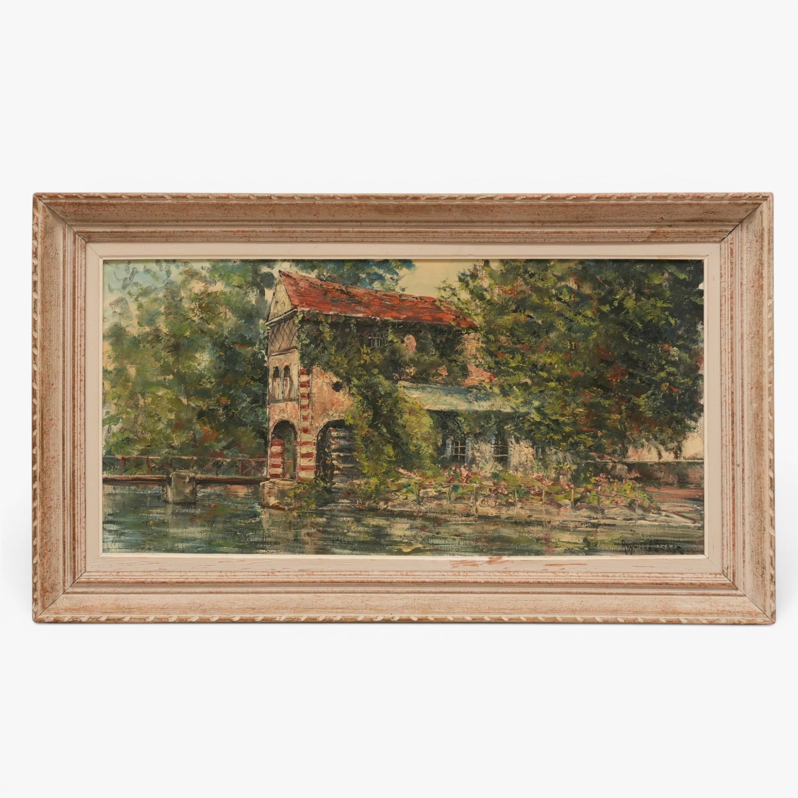 French School, "View Moulin Beuvron Paris": 20th century, Oil on canvas, indiscernible signature lower right, signed and titled to canvas verso reading Olivet and signature below, in painted wood frame The collection of Frank and Irene