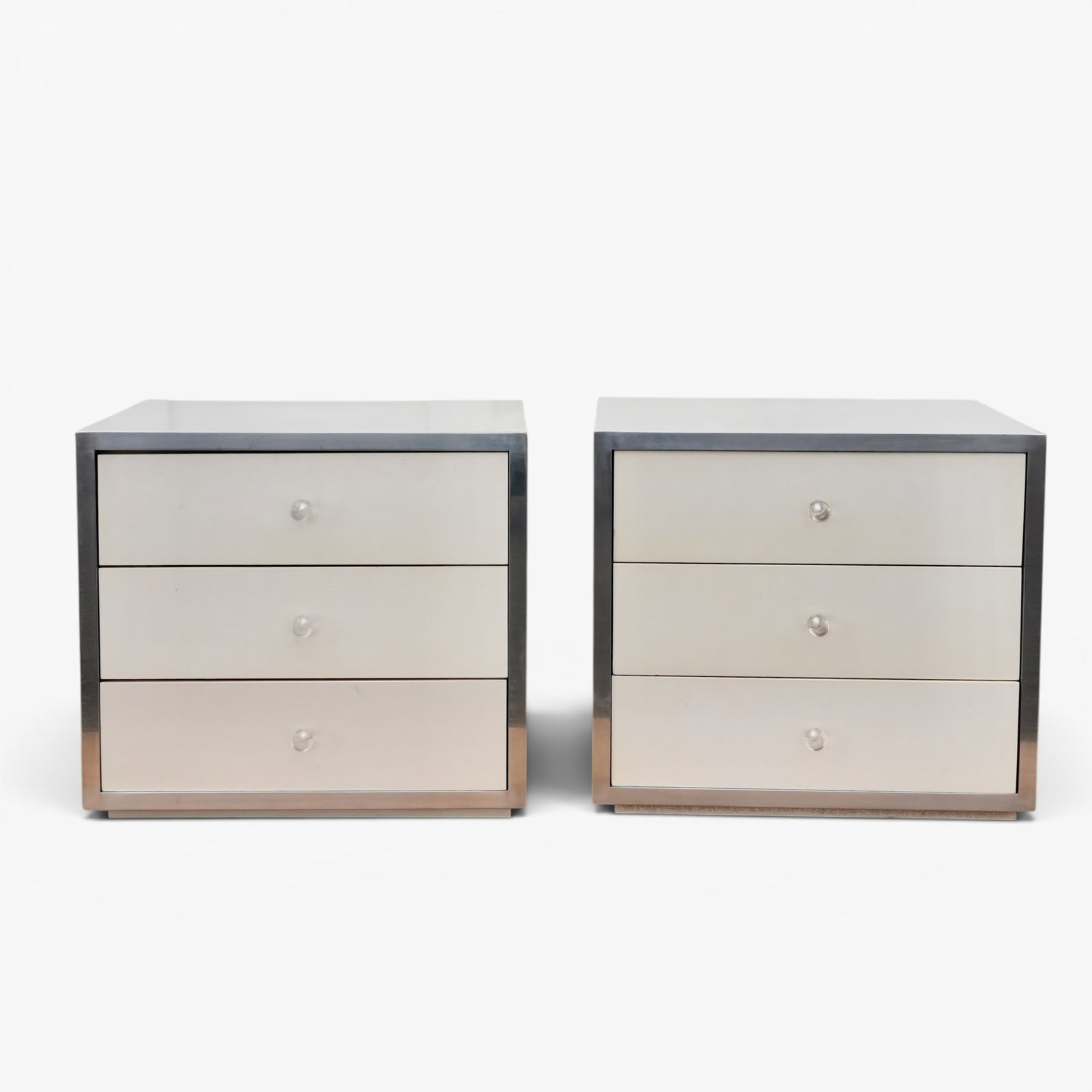 Vintage Milo Baughman Style Bedside Cabinets: Laminate bases, dovetail jointed drawers and circular lucite drawer pulls The collection of Frank and Irene Giuffrida, owners of the famous Hilltop Steakhouse, Saugus, MA
