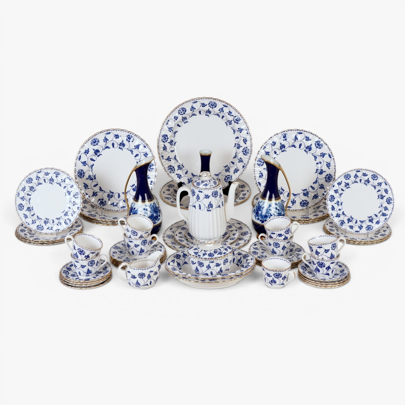 Fifty-Two Piece Spode England Blue Colonel Partial Dinner Set and Three Bavaria Germany Jubilee: Spode Blue Colonel bone China dinner set, 52 pieces, 9 dinner pl, 9 salad pl, 9 bread pl, 9 saucers, 9 teacups, 2 circular serving dishes, 2 oval serving bowls, 1 lidded coffee pot, creamer, lidded su