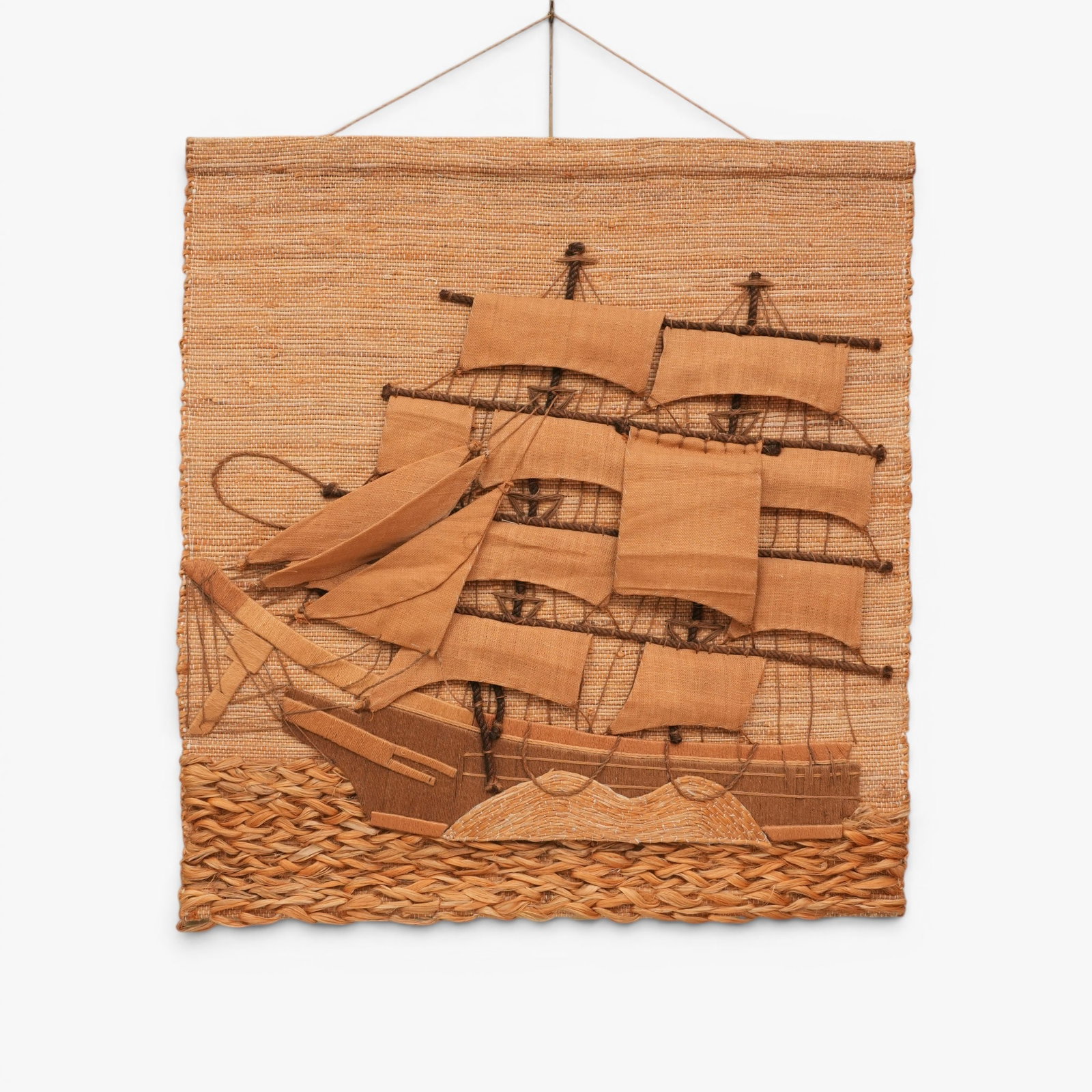 Vintage Sailboat Tapestry: Worked in cotton and linen, depicting a two masted ship at sail, wood hanging rod The collection of Frank and Irene Giuffrida, owners of the famous Hilltop Steakhouse, Saugus, MA