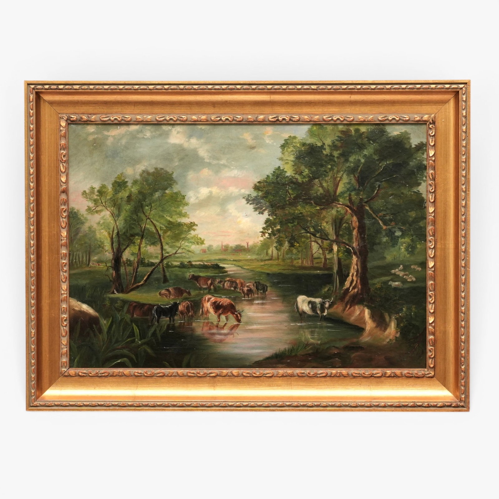 European School, Pastoral Scene: 20th century, cows wading in a river in a summer landscape, a town in the distance, oil on canvas gilt wood frame The collection of Frank and Irene Giuffrida, owners of the famous Hilltop Steakhouse,