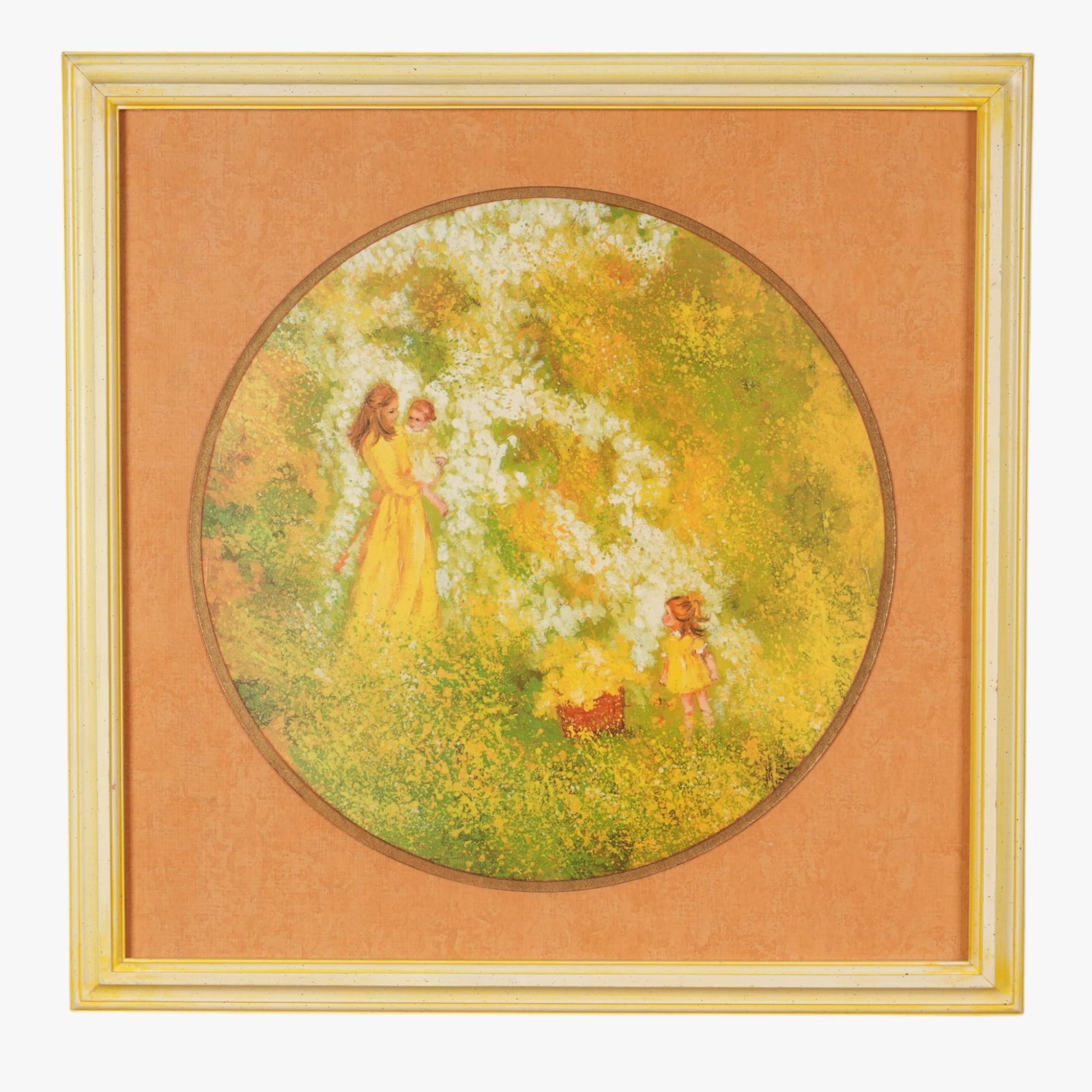 Two Prints of Mother's with Children in a Spring Landscape: In circular format, framed The collection of Frank and Irene Giuffrida, owners of the famous Hilltop Steakhouse, Saugus, MA
