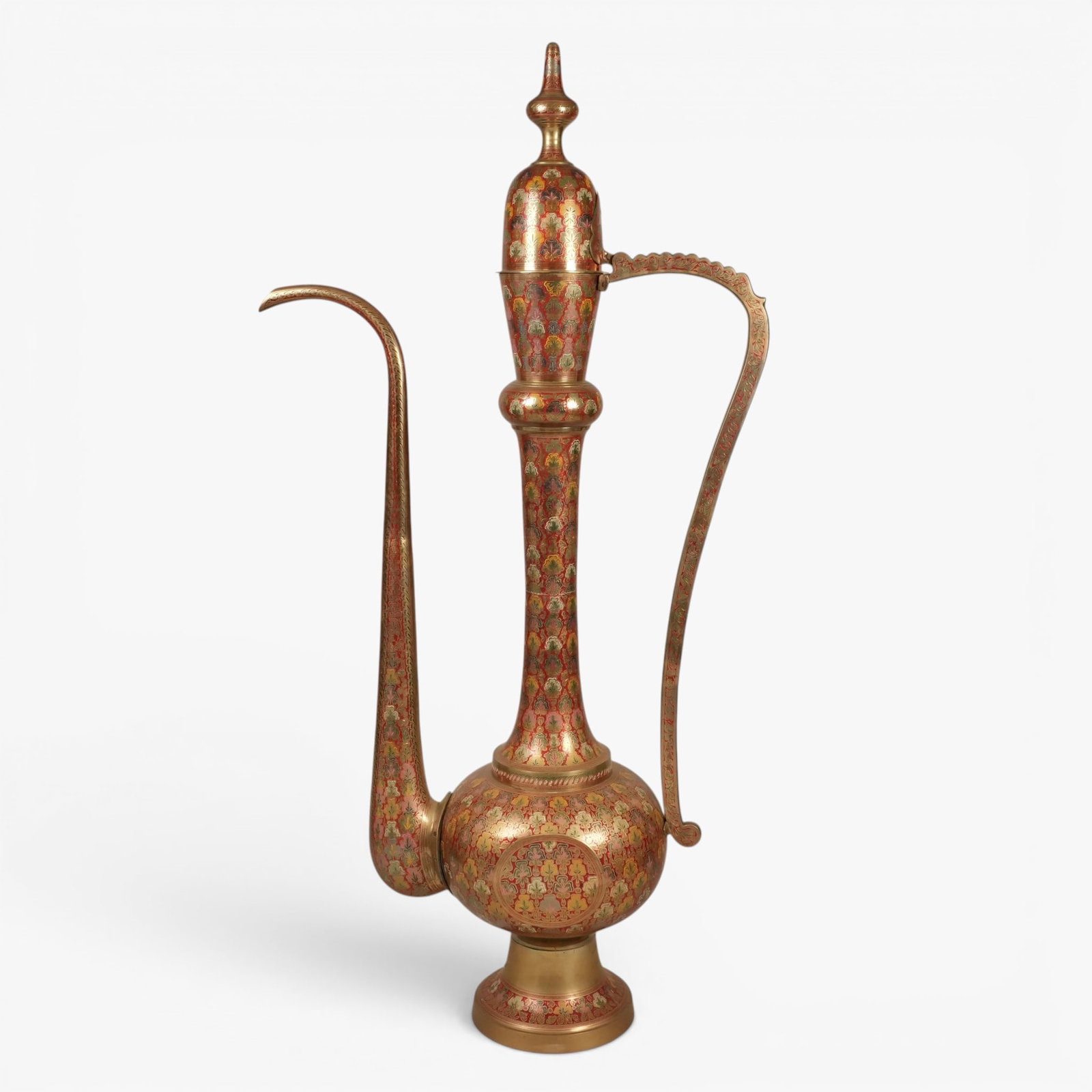 Large Persian Style Enameled Brass Ewer: 20th century, the round body set on a splayed foot, with a curing handle opposite a spout and hinged domed lid, cast with a raised stylized floret pattern filled in with pink, blue, green, yellow,