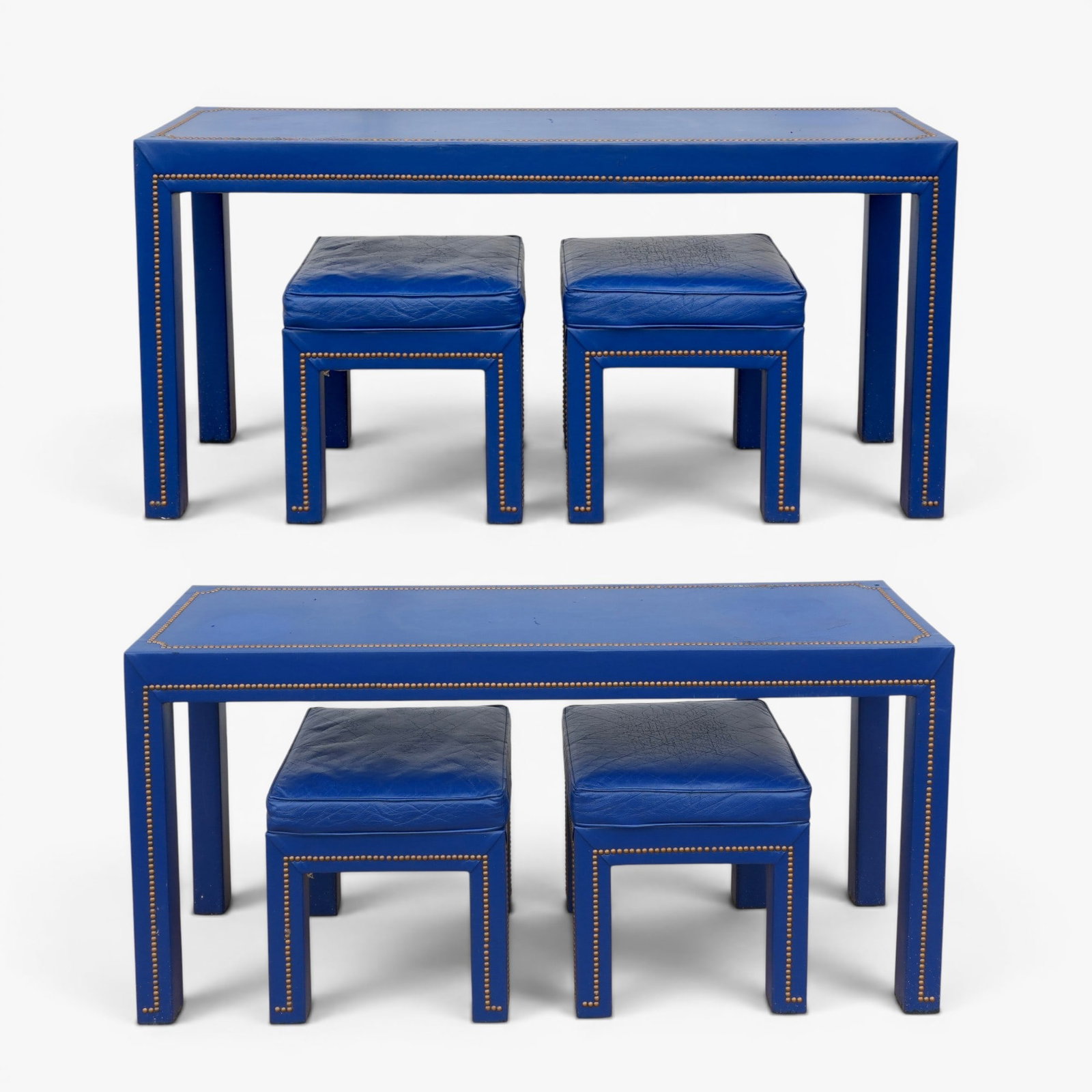 Pair of Blue Parsons Tables with Matching Stools (1 of 1)