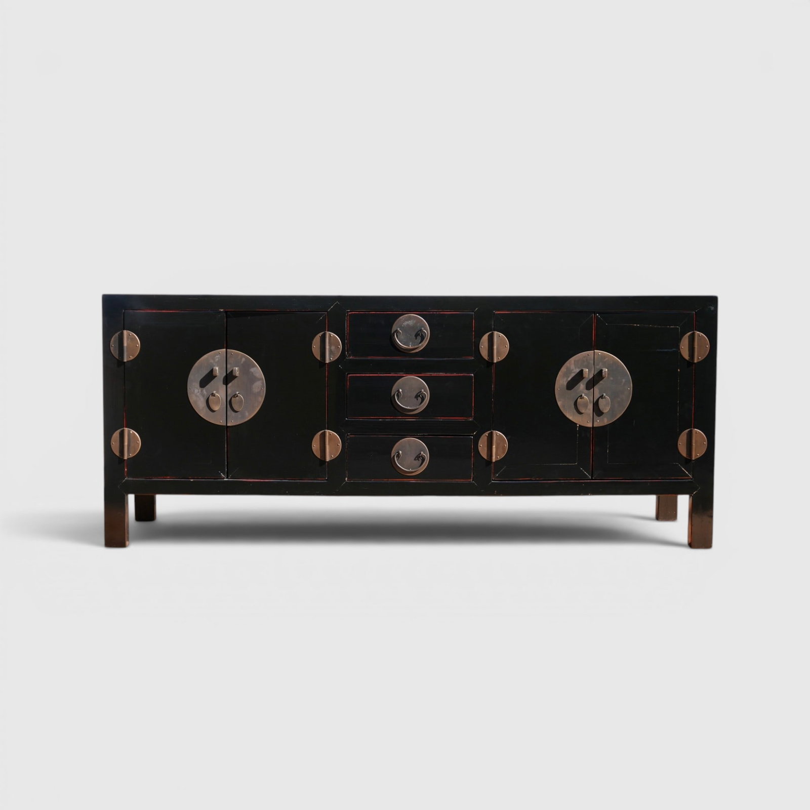 Black Lacquer Chinese Style Sideboard Credenza: Of rectangular shape with three central drawers flanked by panel doors, metal hardware The collection of Frank and Irene Giuffrida, owners of the famous Hilltop Steakhouse, Saugus, MA