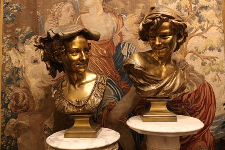 FINE ANTIQUE BRONZE BUST PAIR BY JEAN-BAPTISTE CARPEAUX: FINE ANTIQUE PAIR OF GILT BRONZE BUST BY JEAN-BAPTISTE CARPEAUX.SIGNED "JB CARPEAUX" ALSO FOUNDRY MARK BY CARPEAUX (PLEASE SEE PICS)SIZE APPROX 21 INCHES HIGHOVERALL NICE CONDITION. SOME WARE. SMALL H