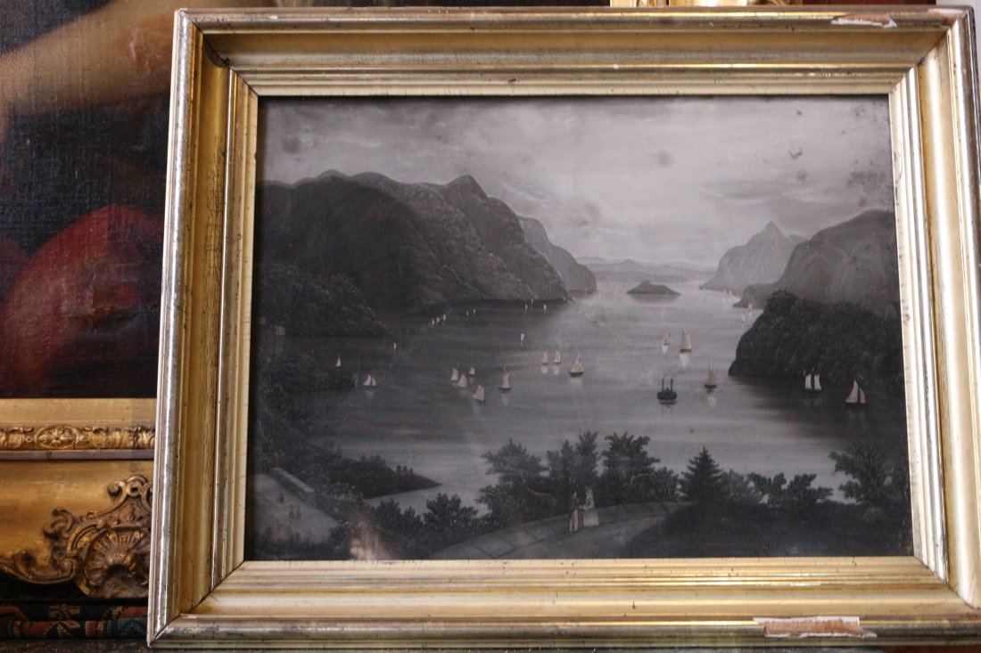 ANTIQUE HUDSON RIVER 19TH CENTURY PAINTING: BEAUTIFUL 19TH CENTURY HUDSON RIVER PAINTING. MOSTY LIKLEY WEST POINT.WARE TO THE FRAME AND PAINTING. AGE EXPECTED WARE24.2 wide by 20 high with frame. Frame has ware. Charcoal on paper with frame 24.