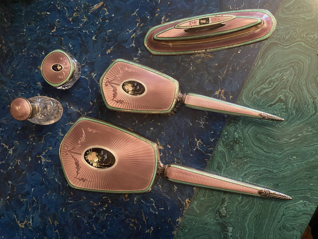 Art deco sterling silver dresser set enameled (1 of 3)