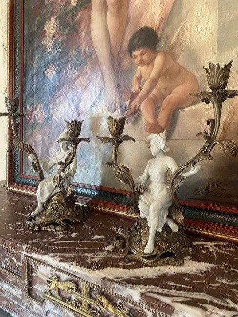 Pair of French chinoiserie porcelain and bronze candelabra (1 of 2)