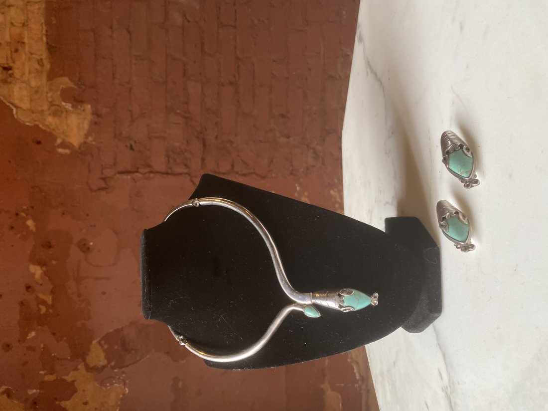 Amazing vintage Snake form Mexican modernist Sterling turquoise necklace earrings set Spratlin (1 of 4)