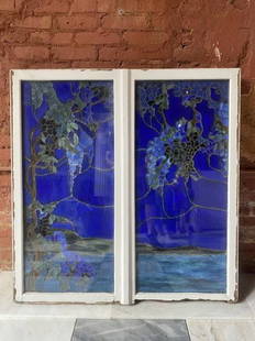 Tiffany Studios Wisteria Window: VERY RARE pair of early 20th century Wisteria window panels attributed to Tiffany Studios. This Phenomenal pair of windows which were originally installed as doors in an early residence in the