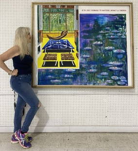Large Mid Century Modern school of David Hockney matisse painting: Incredible mid-century, modern painting in the manner of David Hockney. Massive scale