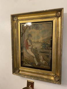 Early 19th century Folk Art embroidery: Fantastic circa 1790’s-1820’s Folk Art embroidery of a boy and his dog. presumably, in its original frame. Some ware present