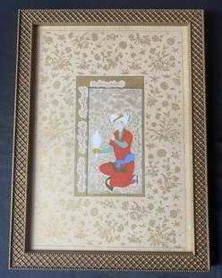 Fine Islamic Antique Safavid dynasty Persian painting: Very fine antique Persian likely Safavid dynasty painting. Incredible gold arabesques throughout. Original early label from gallery