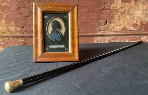 Highly Important Aaron Burr Gold Presentation Cane and silhouette: We are pleased to offer a highly important and historically significant Gold presentation walking cane given to Aaron Burr by a church in Selma. This exciting piece descends through the Burr family. T