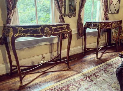 Pair of Incredible French gilt bronze and Marble console tables François Linke: Pair of incredible François Linke type Console tables. Gilt bronze mounted with rouge marble tops. These are a superb pair of fine French console tables