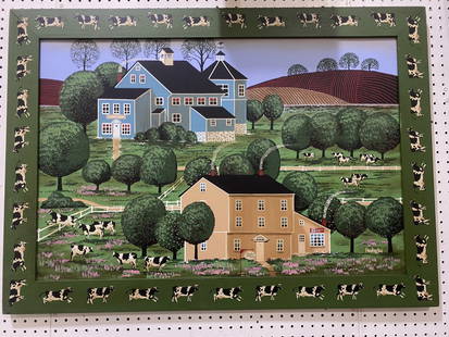 American Folk Art painting grandma Moses style: Amazing vintage American Folk Art painting in the manner of grandma Moses. Retaining its original hand painted artist made frame. This is a wonderful whimsical painting.